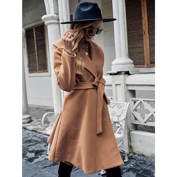 fold over Shawl Collar Double Button Belted Overcoat pea coat camel tan brown - Picture 7 of 10